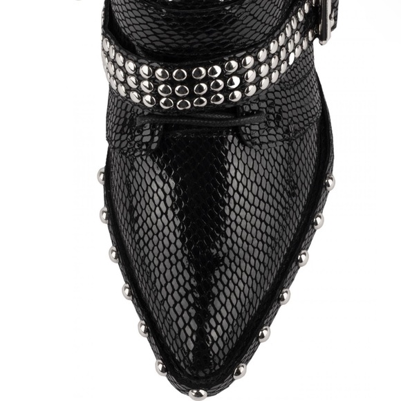 🆕JEFFREY CAMPBELL DRACO STUD WEDGE MOTO BOOTS BLACK SHINY SNAKE SILVER SIZE 7.5 - Picture 4 of 13